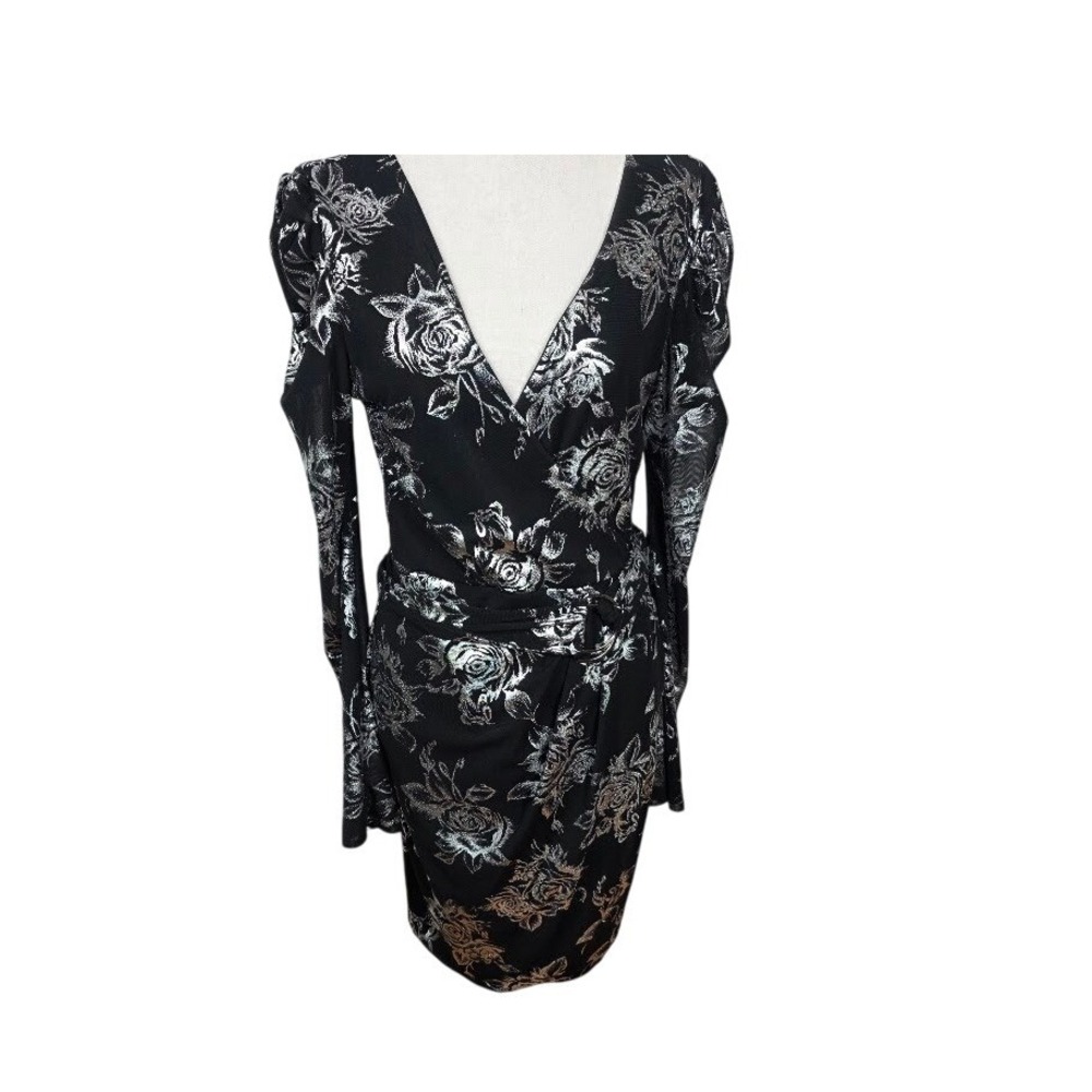 Venus Faux Wrap Dress Women 10 Black Silver Metallic Floral Puff Sleeve Cocktail